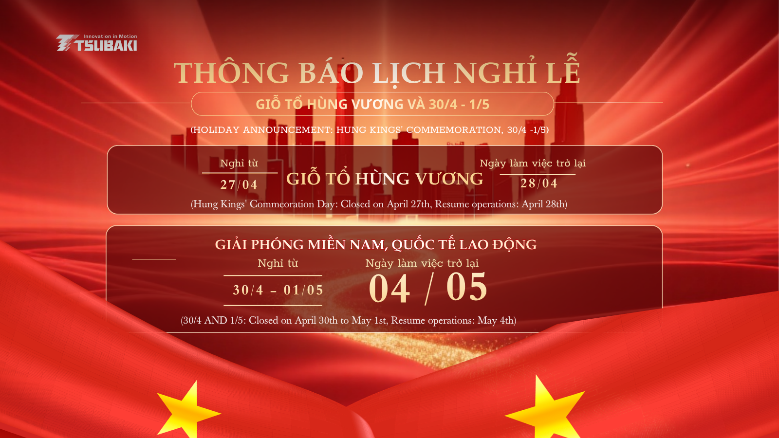 Thông báo nghỉ lễ Giỗ Tổ Hùng Vương 30/4 1/5